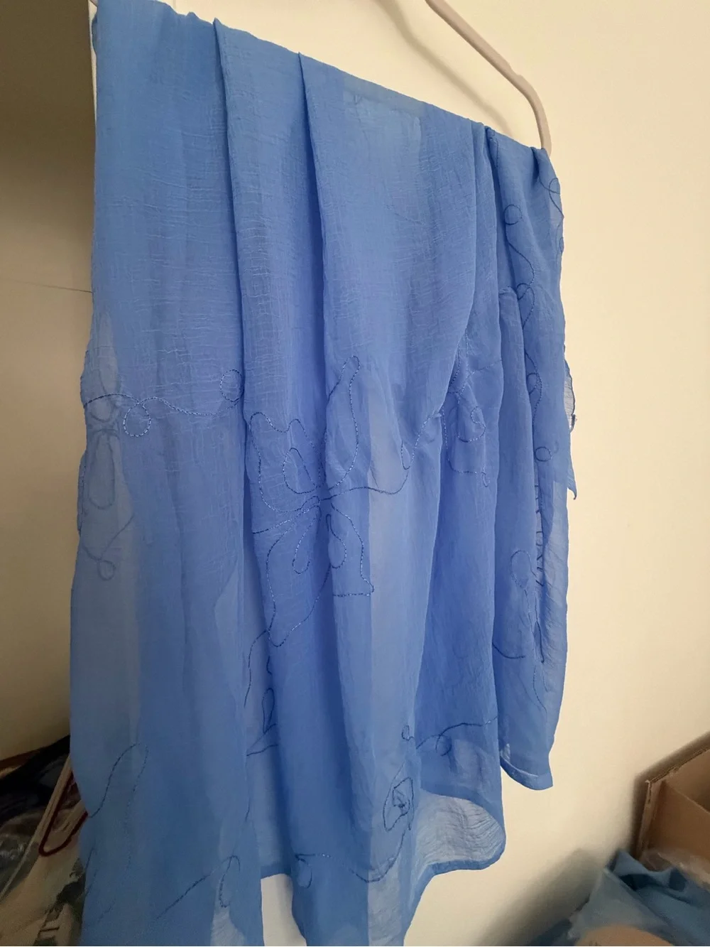 Lightweight Blue Embroidered Sheer Scarf